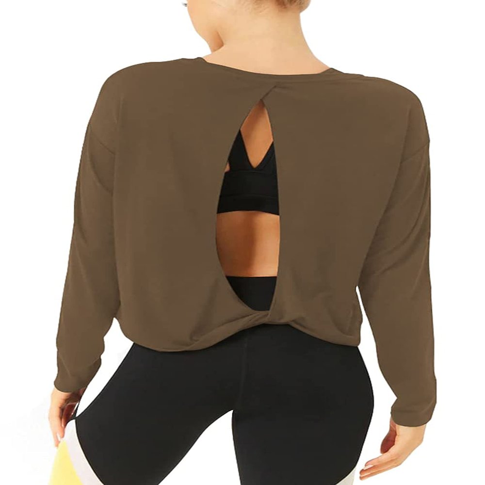 Bestisun Workout Tops Long Sleeve Yoga Shirts Open Back Running Exercise Clothes for Women Brown XL