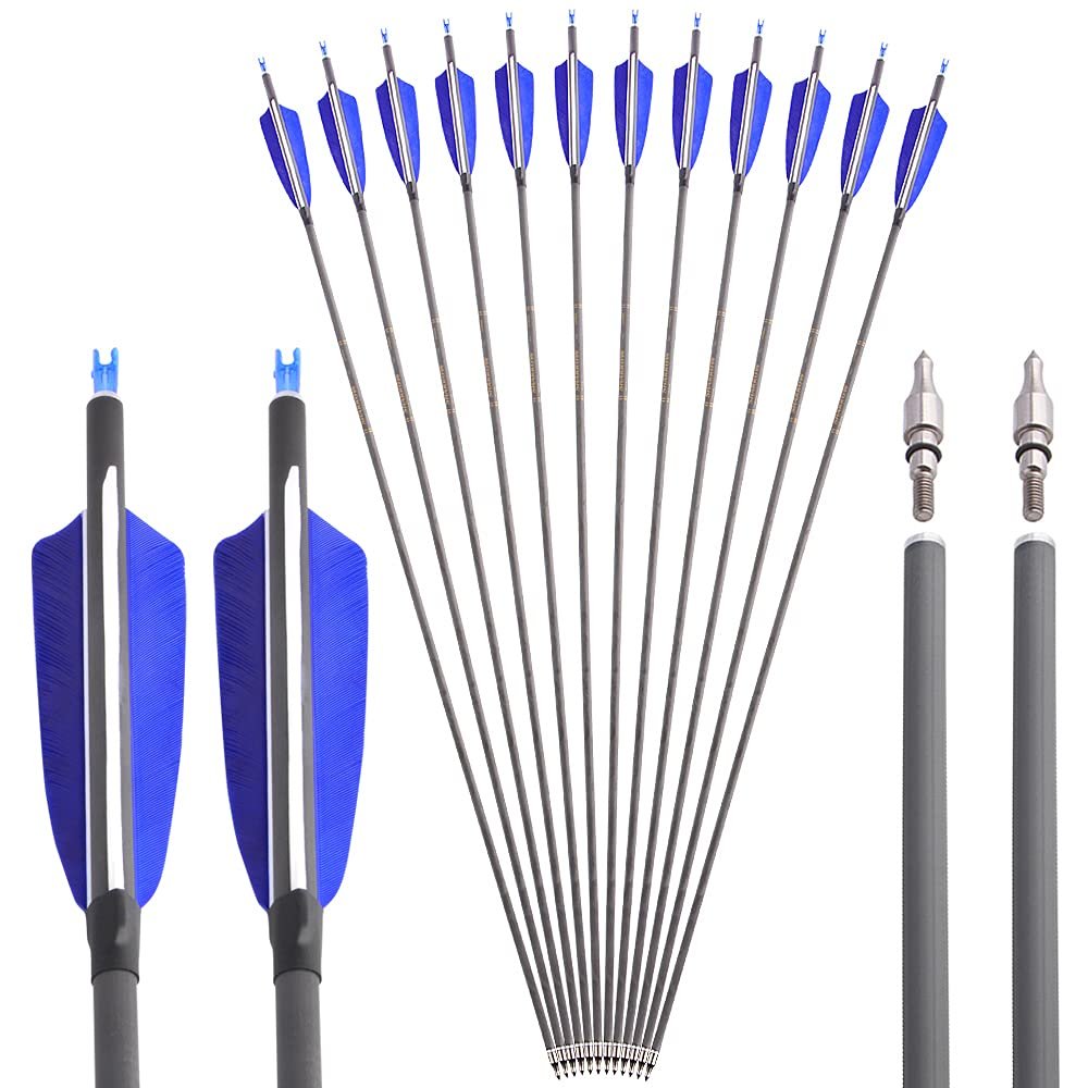 SHARROW 33 inch Carbon Arrow Hunting Arrows 400 Spine with 100 Grain Removable Tips for Archery Compound & Recurve & Traditional Bow Hunting Practice Shooting 6/12pcs (12pcs, Blue)