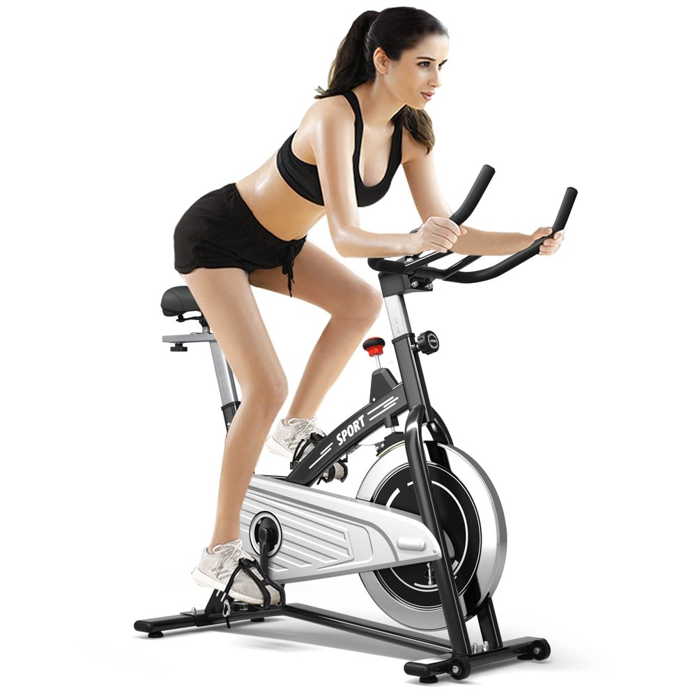 GYMAX Indoor Stationary Bike, Cardio Cycling Bike with LCD Monitor & Heart Rate Sensor, Adjustable Aerobic Spinning Exercise Workout Bike for Home Gym