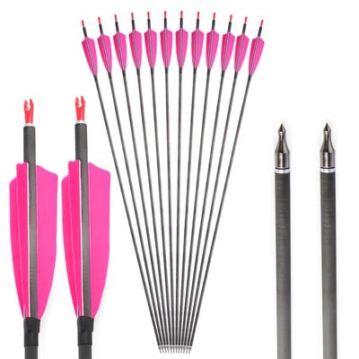 SHARROW 33 inch Carbon Arrow Hunting Arrows 400 Spine with 100 Grain Removable Tips for Archery Compound & Recurve & Traditional Bow Hunting Practice Shooting 6/12pcs (12pcs, Pink)