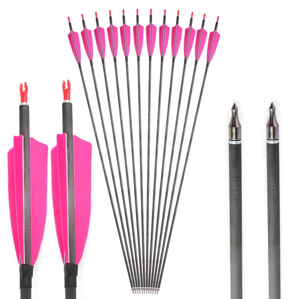 SHARROW 33 inch Carbon Arrow Hunting Arrows 400 Spine with 100 Grain Removable Tips for Archery Compound & Recurve & Traditional Bow Hunting Practice Shooting 6/12pcs (12pcs, Pink)