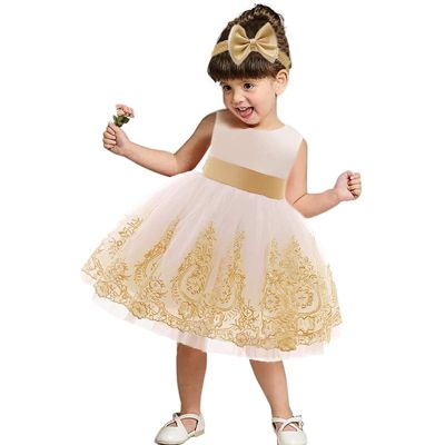 0-6Y Newborn Infant Baby Girl Lace Dress Toddler Party Bowknot Sweet Princess Dresses with Bow Headwear (Gold, 12-18 Months)