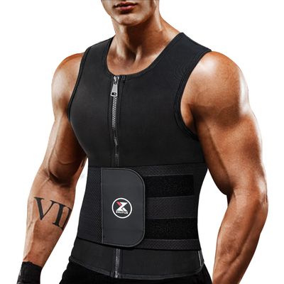 ZOUYUE Mens Sweat Sauna Vest for Waist Trainer, Sweat Sauna Suit Zipper Neoprene Workout Vest for Men with Adjustable Double Belt & Tank Top-S