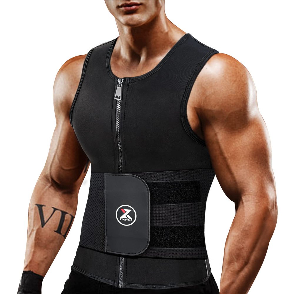 ZOUYUE Mens Sweat Sauna Vest for Waist Trainer, Sweat Sauna Suit Zipper Neoprene Workout Vest for Men with Adjustable Double Belt & Tank Top-S