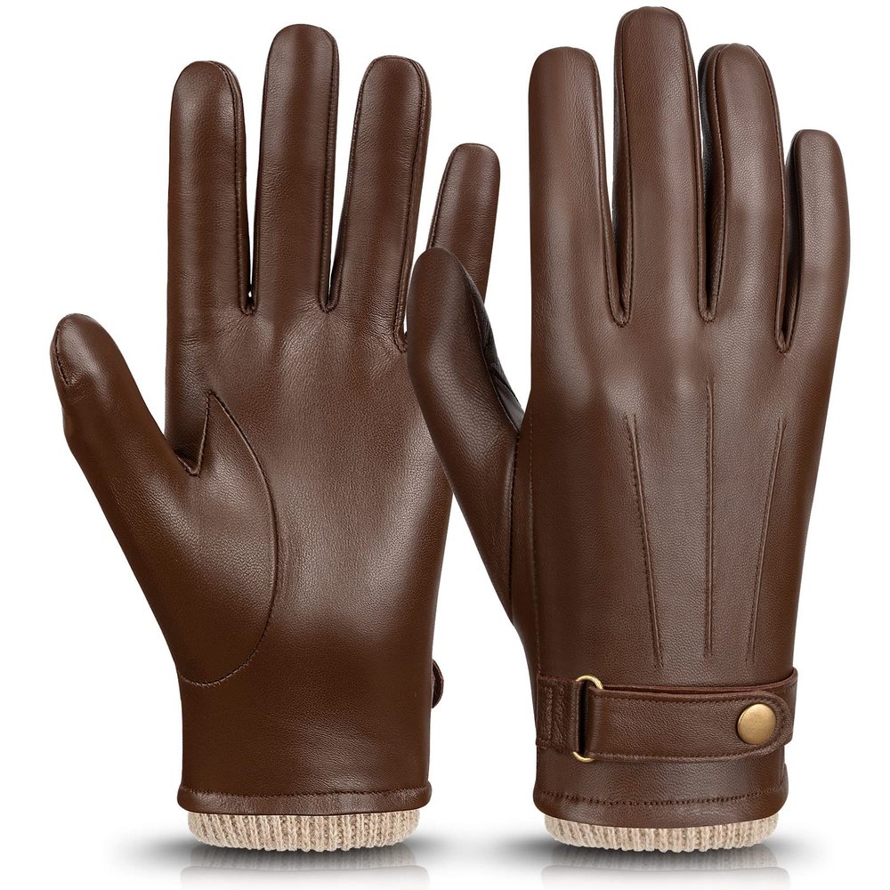 OZERO Mens Winter Gloves Nappa Leather Wool Touchscreen - Thermal Gifts for Dad (Medium, Brown)