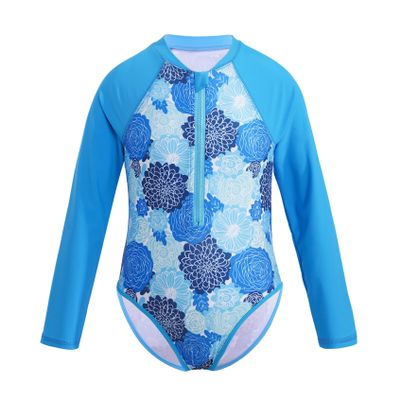 Yihuimin Kids Girls 1Ps Printed Swimsuit Front Zippered Leotard Color Contrast Bathing Suit for Surfing Blue Flower 14 Years