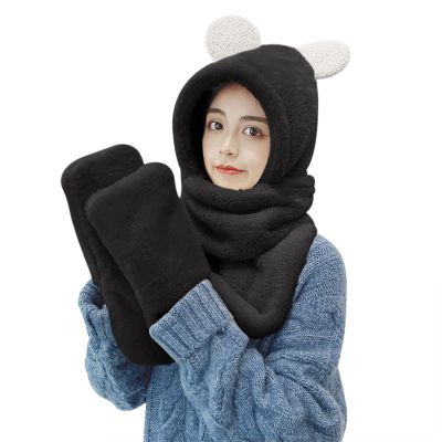 RUIXIA Women Girls Lovely Cartoon Bear Ears Hat Scarf Gloves 3-in-1 Set Plush Fluffy Warm Hoodie Hat with Scarf Pocket Mitts (Black Bear) One Size
