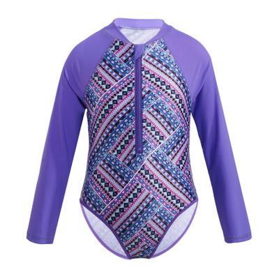 Yihuimin Kids Girls 1Ps Printed Swimsuit Front Zippered Leotard Color Contrast Bathing Suit for Surfing Purple 10 Years
