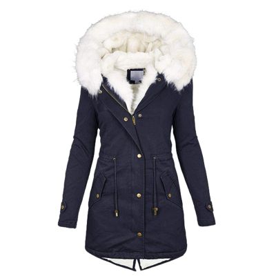 ZBYY Women's Winter Thicken Parka Jacket Warm Fleece Faux Fur Line Down Coats with Pockets Outerwear Coat for Women Navy