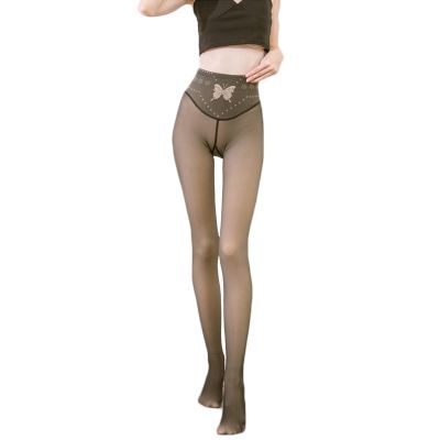 AMXL Fleece Lined Pantyhose for Women,Sexy Butterfly Warm Stockings,Fake Translucent Fleece Winter Tights (Grey,80g)