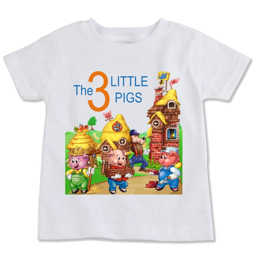 3 Little Pigs Fairy Tale T-shirt, White, Toddler Youth Sizes (YM 10-12)