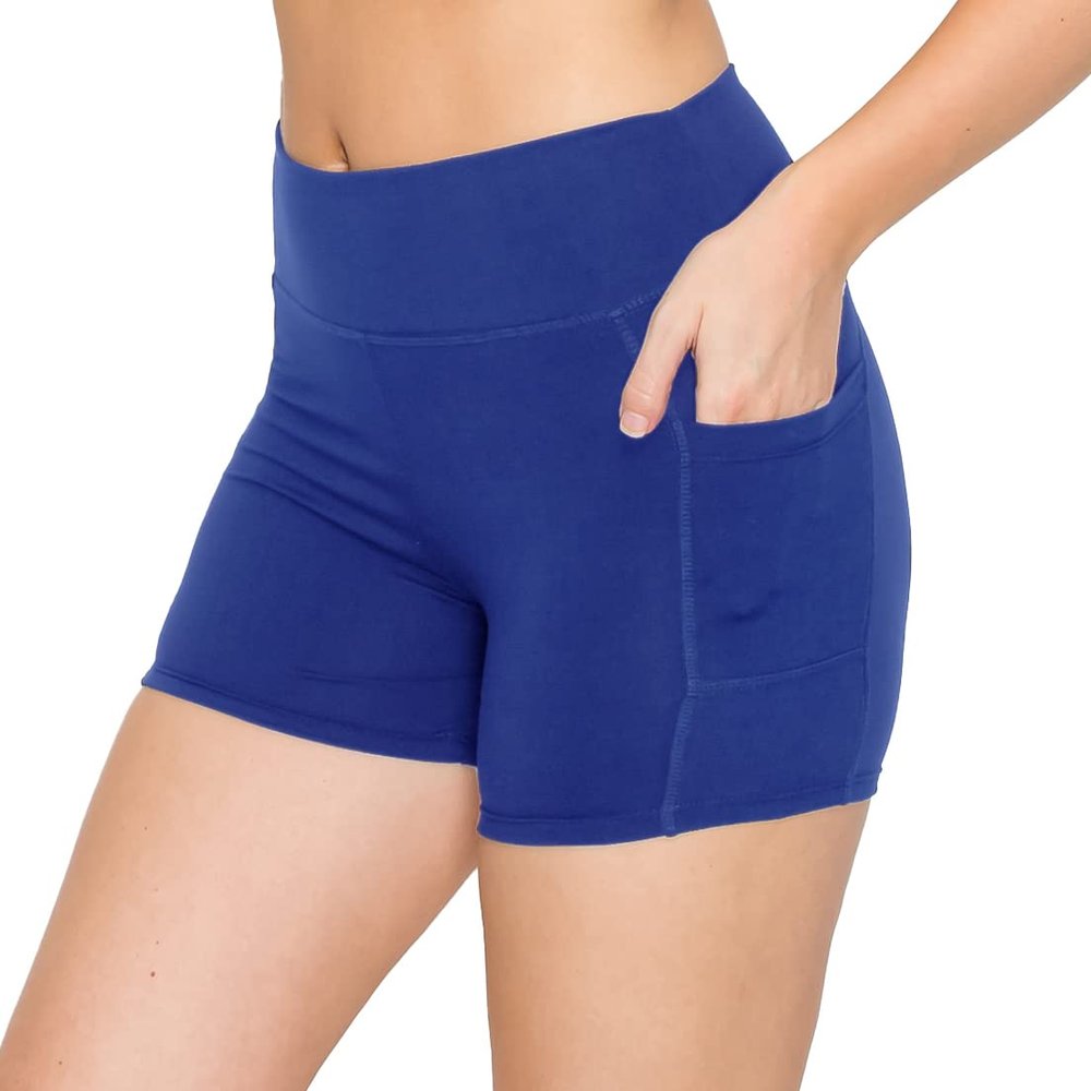 ALWAYS Women's 3" Yoga Shorts - Premium Soft Tummy Control Workout Stretch Solid Leggings Pants with Pockets Royal Blue M