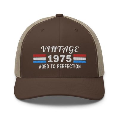 1975 51st Birthday Embroidered Trucker Hat Cap, 51 Year Old Birthday Hat Gift Brown/Khaki