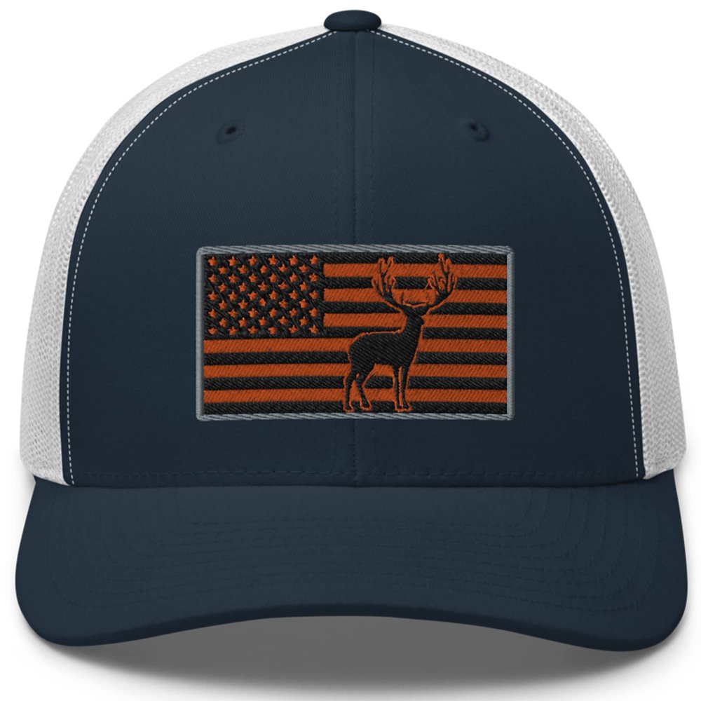 Gunner Gear Deer Hunting Hat for Men Blaze Orange American Flag Buck Authentic Yupoong 6606 Snapback Trucker Hat