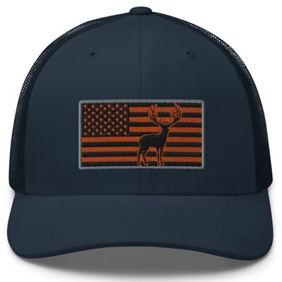 Gunner Gear Deer Hunting Hat for Men Blaze Orange American Flag Buck Authentic Yupoong 6606 Snapback Trucker Hat