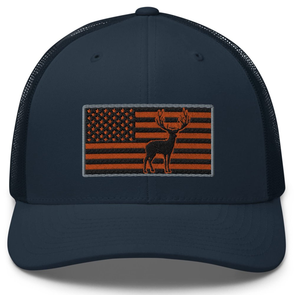 Gunner Gear Deer Hunting Hat for Men Blaze Orange American Flag Buck Authentic Yupoong 6606 Snapback Trucker Hat