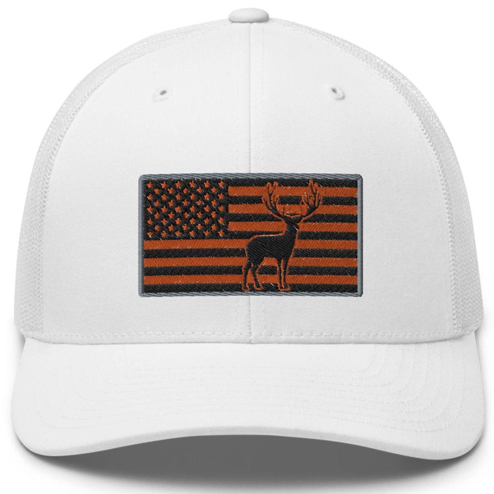 Gunner Gear Deer Hunting Hat for Men Blaze Orange American Flag Buck Authentic Yupoong 6606 Snapback Trucker Hat
