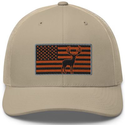 Gunner Gear Deer Hunting Hat for Men Blaze Orange American Flag Buck Authentic Yupoong 6606 Snapback Trucker Hat