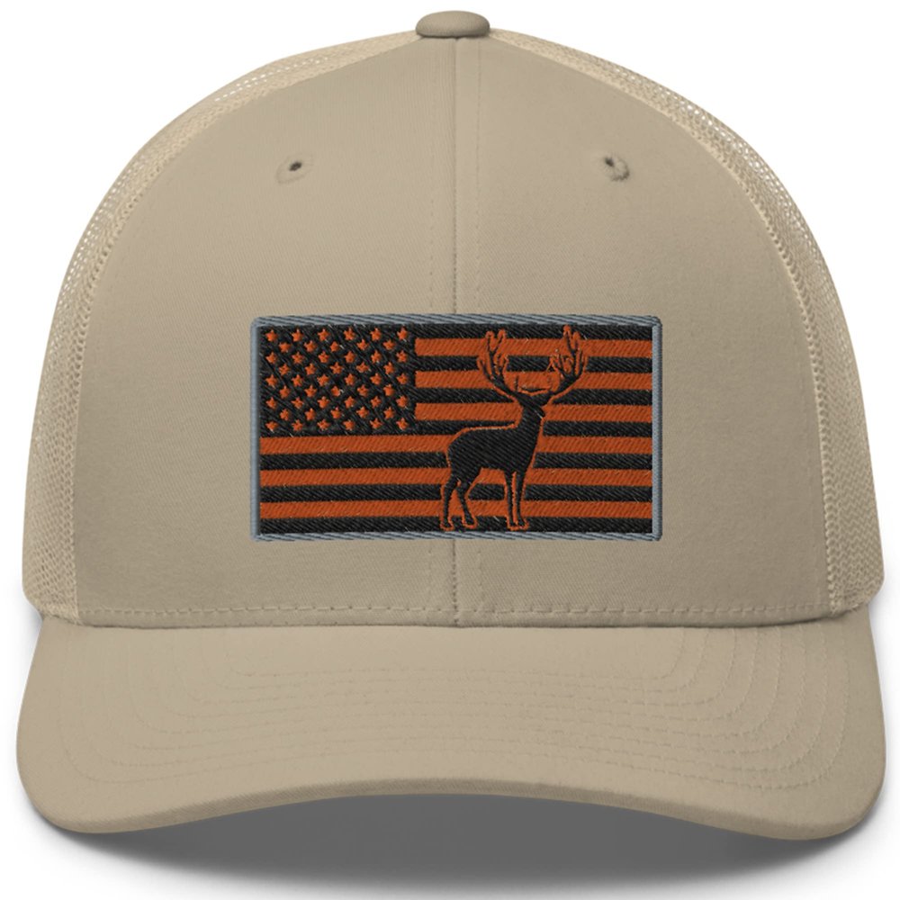 Gunner Gear Deer Hunting Hat for Men Blaze Orange American Flag Buck Authentic Yupoong 6606 Snapback Trucker Hat