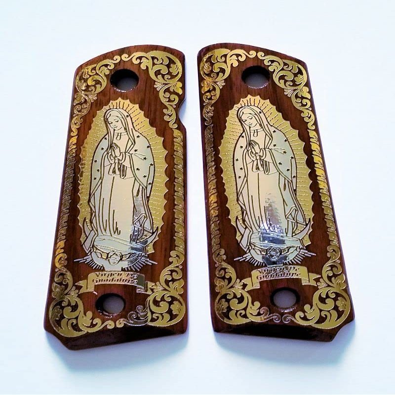 Colt 1911 Full Size Custom Wood Grips Gold Silver Virgin Mary Lady of Guadalupe