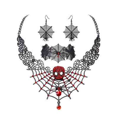 BriLove Halloween Costume Spider Cobwebs Necklace Earrings Set Gothic Skull Full Crystal Pendant Collar Jewelry for Women Cosplay Party Ruby Color Black-Tone