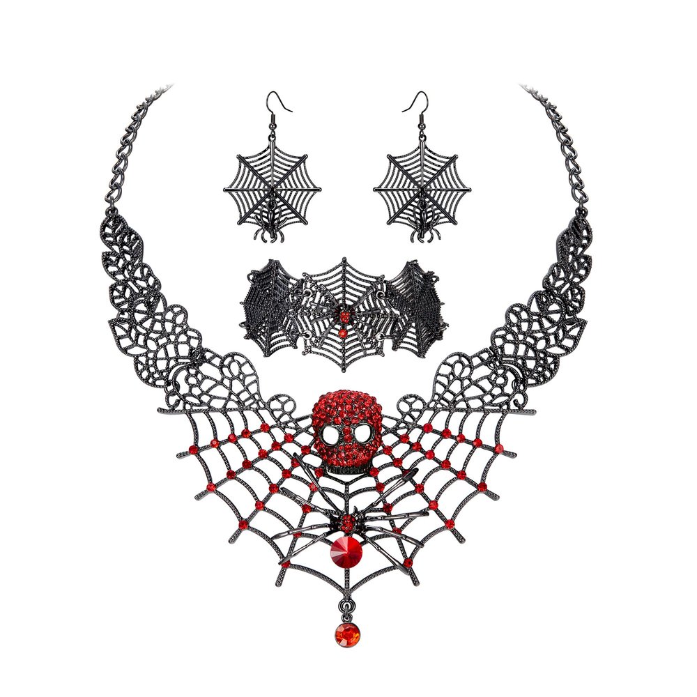 BriLove Halloween Costume Spider Cobwebs Necklace Earrings Set Gothic Skull Full Crystal Pendant Collar Jewelry for Women Cosplay Party Ruby Color Black-Tone