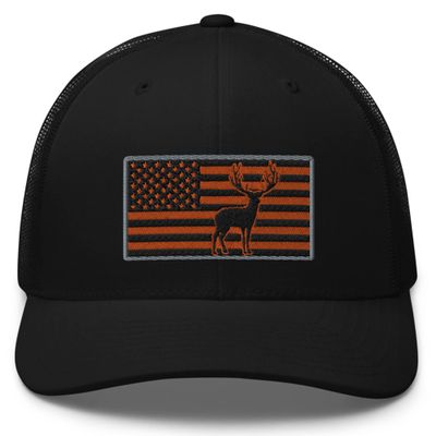 Gunner Gear Deer Hunting Hat for Men Blaze Orange American Flag Buck Authentic Yupoong 6606 Snapback Trucker Hat