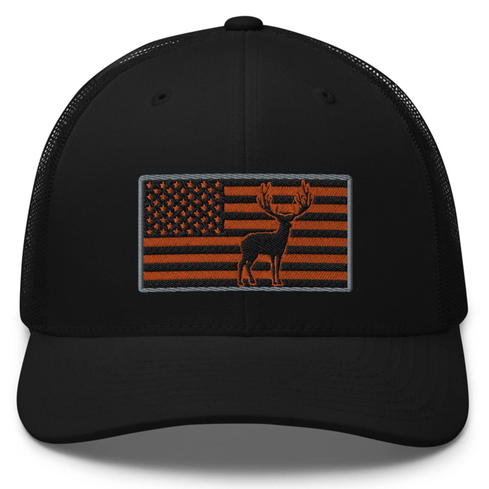 Gunner Gear Deer Hunting Hat for Men Blaze Orange American Flag Buck Authentic Yupoong 6606 Snapback Trucker Hat