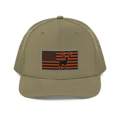 Gunner Gear Deer Hunting Hat for Men Blaze Orange American Flag Buck Authentic Trucker Hat