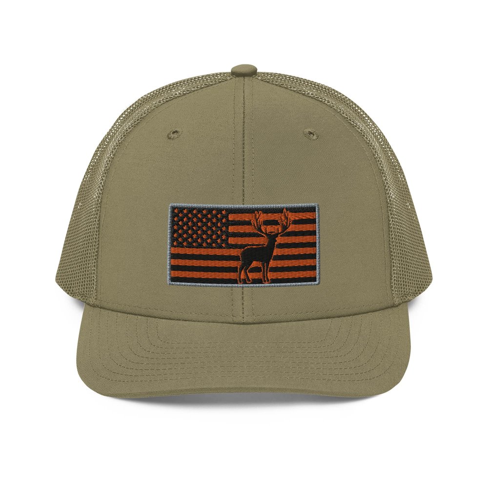 Gunner Gear Deer Hunting Hat for Men Blaze Orange American Flag Buck Authentic Trucker Hat