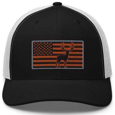 Gunner Gear Deer Hunting Hat for Men Blaze Orange American Flag Buck Authentic Yupoong 6606 Snapback Trucker Hat