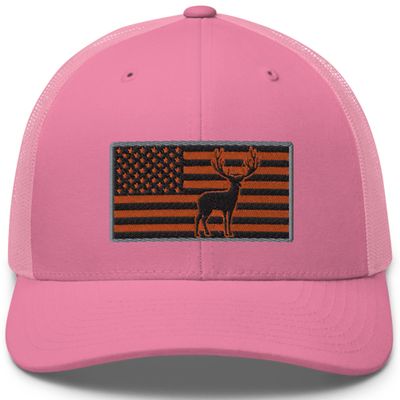 Gunner Gear Deer Hunting Hat for Men Blaze Orange American Flag Buck Authentic Yupoong 6606 Snapback Trucker Hat