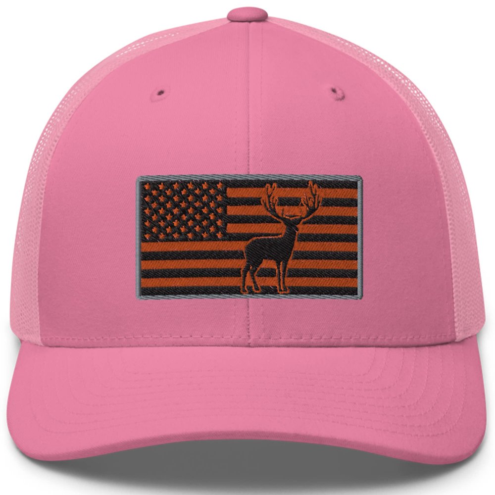 Gunner Gear Deer Hunting Hat for Men Blaze Orange American Flag Buck Authentic Yupoong 6606 Snapback Trucker Hat