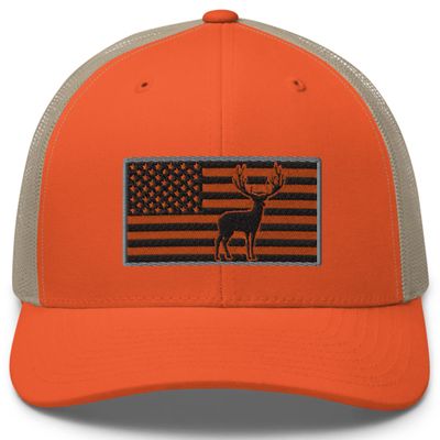 Gunner Gear Deer Hunting Hat for Men Blaze Orange American Flag Buck Authentic Yupoong 6606 Snapback Trucker Hat