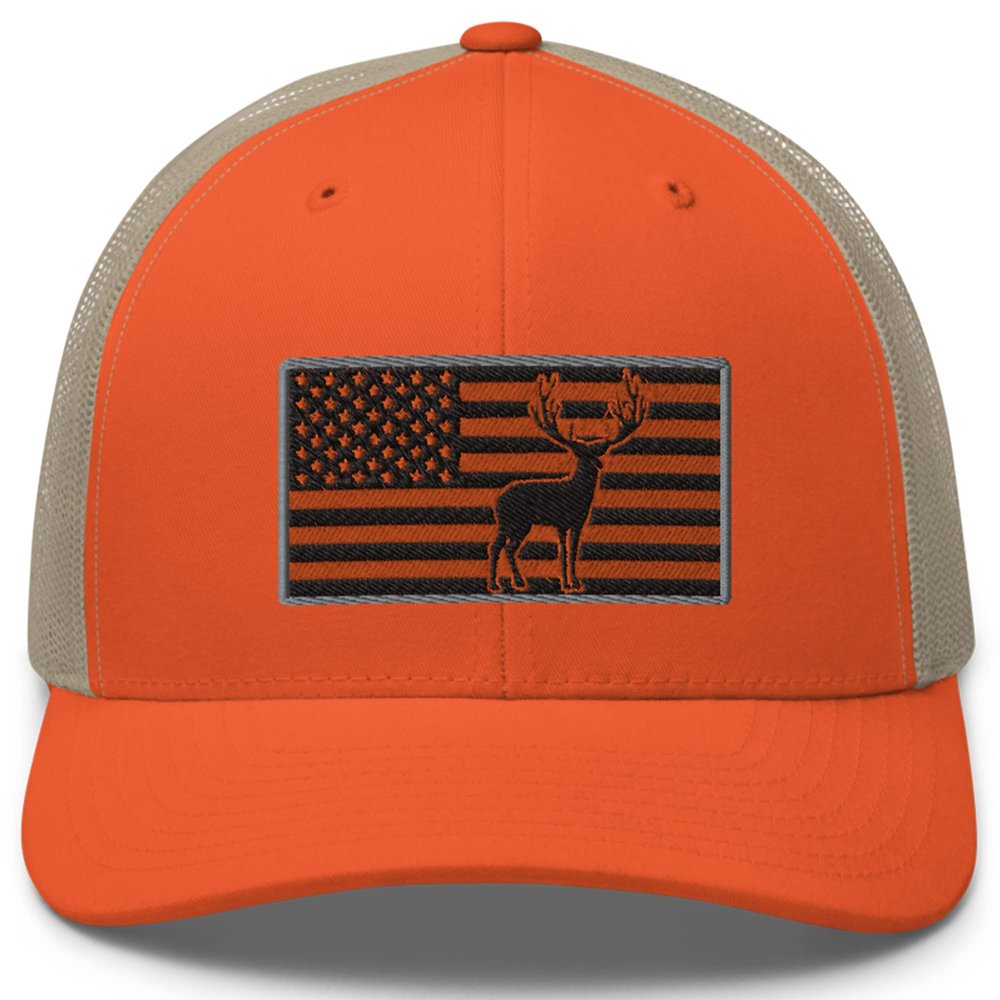 Gunner Gear Deer Hunting Hat for Men Blaze Orange American Flag Buck Authentic Yupoong 6606 Snapback Trucker Hat