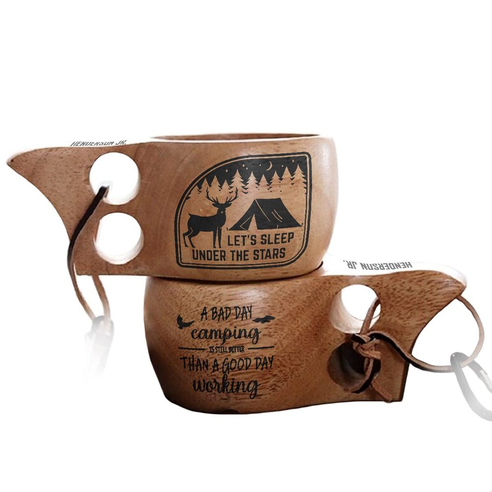 Let's Sleep Under The Stars Personalized Portable Kuksa Wood Camp Mug - 100% Natural Wooden Cup with Carabiner, Custom Name Camping Wooden Mug & Bushcraft Cup