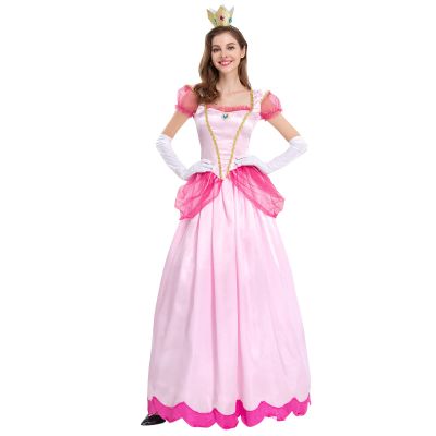 ODIZLI Princess Peach Costume Adult Women Themed Party Fancy Dress Up Short Puff Sleeve Long Dress + Gloves + Crown 3Pcs Fairy Outfit Halloween Christmas Carnival Cosplay Pink XL
