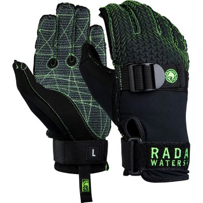 Radar Men's Hydro-K Water Sports Gloves - PowerPull Strap Closure, Laser Cut Backhand, Aramid Palm, Pre-Curved Fingers, Seamless Fit Design, Matte Black/Volt Green, XS