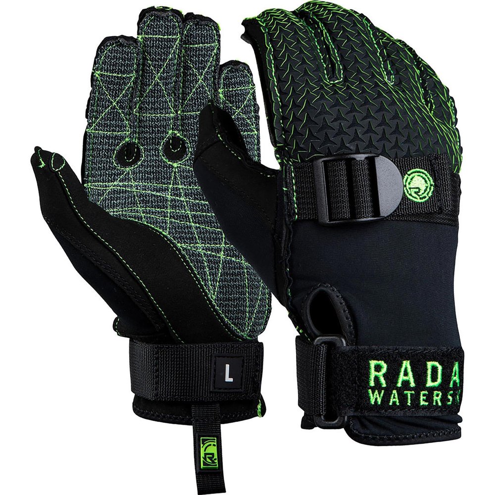 Radar Men's Hydro-K Water Sports Gloves - PowerPull Strap Closure, Laser Cut Backhand, Aramid Palm, Pre-Curved Fingers, Seamless Fit Design, Matte Black/Volt Green, XS