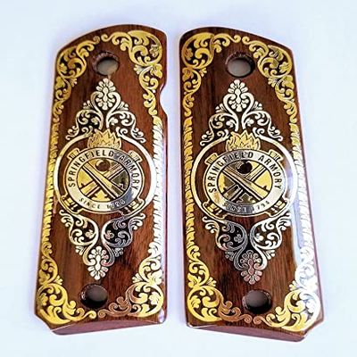 1911 Full Size Custom Engraved Walnut Wood Grips Gold Silver Logo Scrollwork