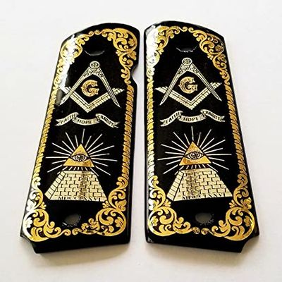 Colt 1911 Full Size Custom Wood Grips Gold Silver Masonic All Seeing Eye Mason Scroll Black