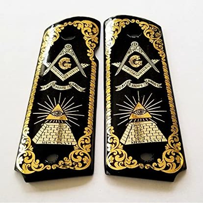 Colt 1911 Full Size Custom Wood Grips Gold Silver Masonic All Seeing Eye Mason Scroll Black