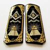 Colt 1911 Full Size Custom Wood Grips Gold Silver Masonic All Seeing Eye Mason Scroll Black view 1
