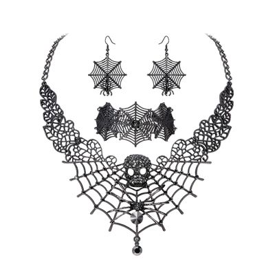BriLove Halloween Costume Spider Cobwebs Necklace Earrings Set Gothic Skull Full Crystal Pendant Collar Jewelry for Women Cosplay Party Black Black-Tone