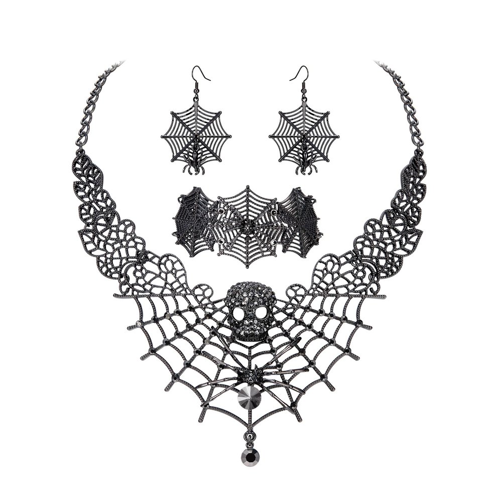 BriLove Halloween Costume Spider Cobwebs Necklace Earrings Set Gothic Skull Full Crystal Pendant Collar Jewelry for Women Cosplay Party Black Black-Tone