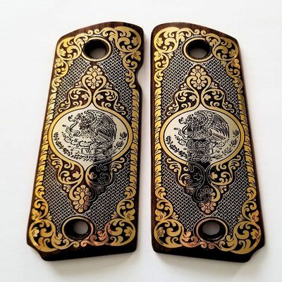 COLT 1911 Full Size Custom Engraved Walnut Wood Grips Gold Silver Mexican Flag Eagle Aquila Logo