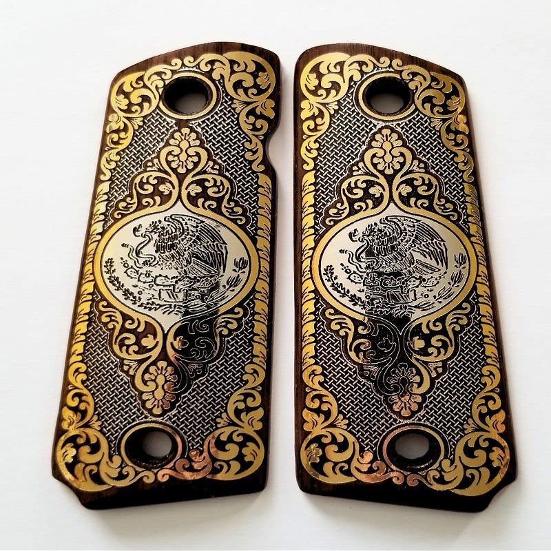COLT 1911 Full Size Custom Engraved Walnut Wood Grips Gold Silver Mexican Flag Eagle Aquila Logo