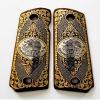COLT 1911 Full Size Custom Engraved Walnut Wood Grips Gold Silver Mexican Flag Eagle Aquila Logo view 1