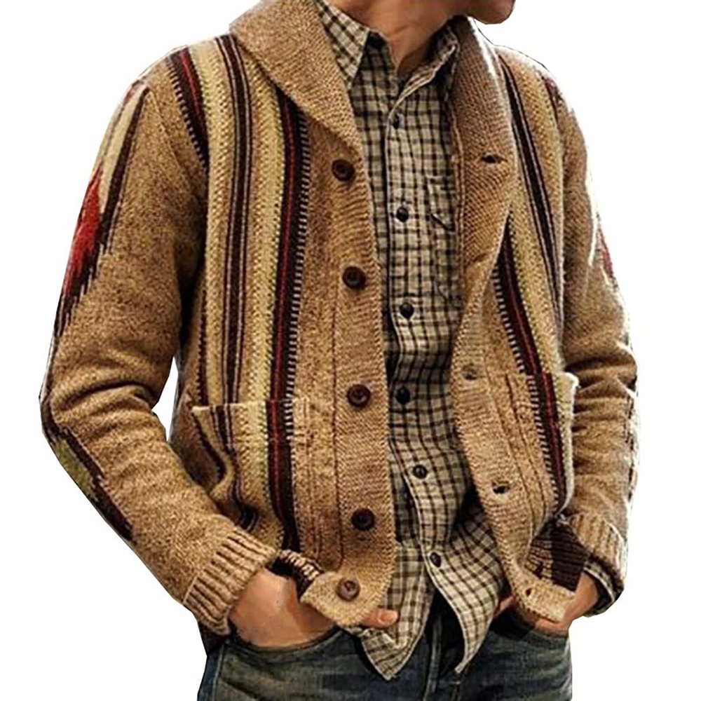 2024 Fashion Knitwear for Men's Sweater Coat Retro Lapel Button Plus Size Cable Knited Cardigan Henley Sweater