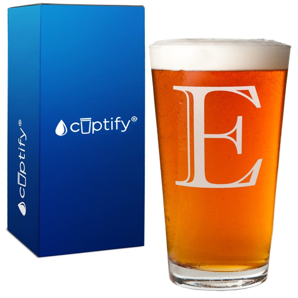 Cuptify Monogram Initial Letter E Etched Beer Glass 16 oz Pint Etched Personalized Gifts for Men and Women